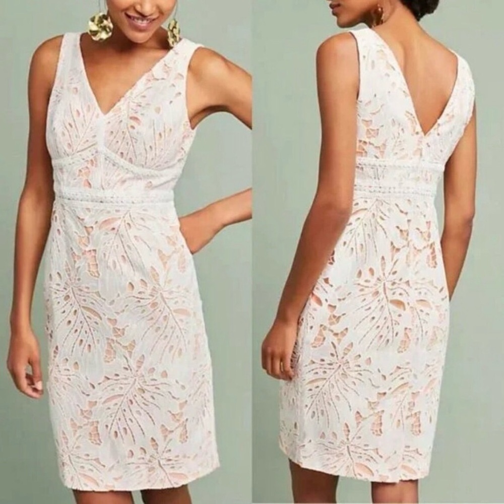 NWT Anthropologie Maeve white Gardenia lace column dress with peach lining